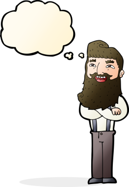 Bir insan tarafından çizilmiş düşünce balonlu sakallı mutlu adam çizgi filmi.