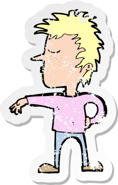 Bir insan tarafından çizilmiş kamp jesti yapan bir çizgi film karakterinin gerilimli retro yapıştırması.