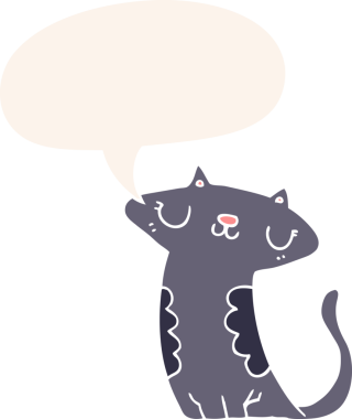 Konuşma baloncuğu olan çizgi film kedisi insan tarafından çizilmiş.