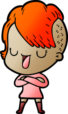 Bir insan tarafından çizilmiş hippi saç kesimli sevimli bir çizgi film kızı.