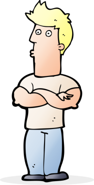 Bir insan tarafından çizilmiş kolları katlanmış çizgi film adamı.