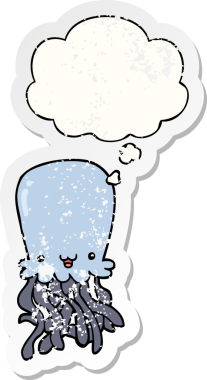 Düşünce baloncuklu çizgi film ahtapotu, insan tarafından çizilmiş yıpranmış bir çıkartma.