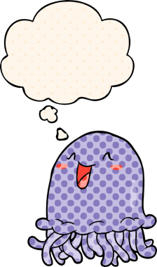 Çizgi roman tarzında bir insan tarafından çizilmiş düşünce baloncuklu denizanası çizgi filmi.