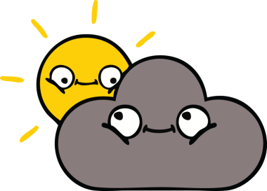 Bir insan tarafından çizilmiş bir fırtına bulutu ve güneş karikatürü.