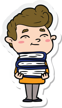 Bir insan tarafından çizilmiş bir yığın kitabı olan mutlu bir çizgi film adamının çıkartması.