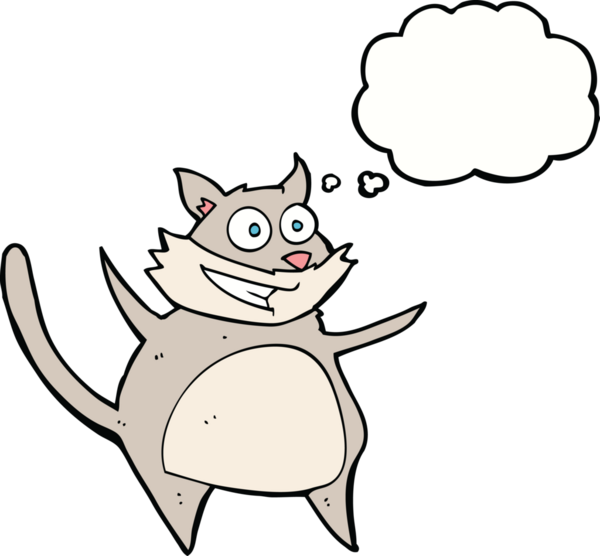 Bir insan tarafından çizilmiş düşünce baloncuklu komik çizgi film kedisi.