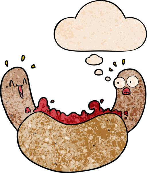 Düşünce baloncuklu çizgi film sosislisi. Bir insan tarafından çizilmiş grunge desen tarzı.