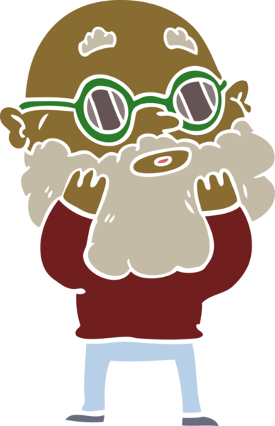 Düz renkli çizgi film meraklısı sakallı ve güneş gözlüklü bir insan tarafından çizilmiş.