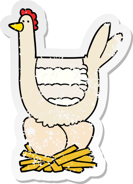 Bir insan tarafından çizilmiş yumurtaların üzerinde oturan çizgi film tavuğunun sıkıntılı çıkartması.