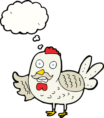 Bir insan tarafından çizilmiş düşünce kabarcığı olan yaşlı horoz çizgi filmi.