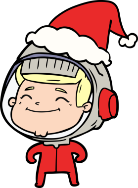 Bir insan tarafından çizilmiş Noel Baba şapkası giyen bir astronotun çizdiği mutlu el çizimi.