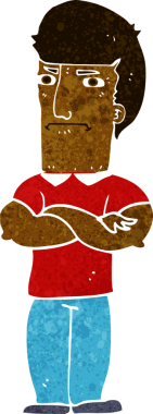 Bir insan tarafından çizilmiş kolları katlanmış, rahatsız bir adam.