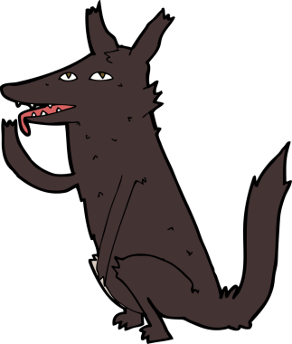 Bir insan tarafından çizilmiş pençeleri yalayan kurt çizgi filmi.