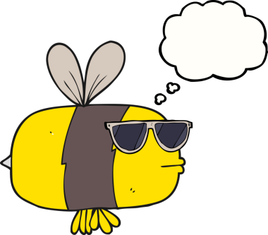 Bir insan tarafından çizilmiş güneş gözlüğü takan serbest çizim düşünce baloncuk arısı.