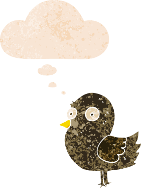 Düşünce baloncuğu ve grunge ile çizgi film kuşu bir insan tarafından çizilmiş sıkıntılı retro tarzı