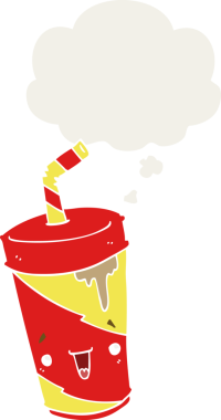 Düşünce baloncuklu tatlı karikatür gazozu insan tarafından çizilmiş.