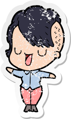 Hipster saç kesimi bir insan tarafından çizilmiş tatlı bir çizgi film kızına ait sıkıntılı bir etiket.