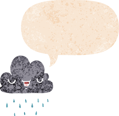 Bir insan tarafından çizilmiş grunge sıkıntılı retro desenli konuşma baloncuklu çizgi film fırtına bulutu