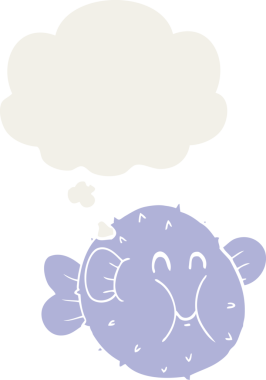 Düşünce baloncuklu balon balığı insan tarafından çizilmiş.