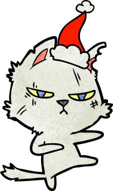 Bir insan tarafından çizilmiş Noel Baba şapkası takan bir kedinin çizilmiş sert eli.