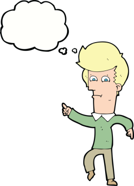 Bir insan tarafından çizilen düşünce baloncuğuyla işaret eden çizgi film adamı.