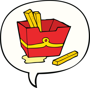 Bir insan tarafından çizilmiş konuşma balonlu patates kızartması kutusu.