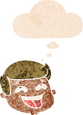 Mutlu karikatür erkek yüzü, grunge 'da düşünce baloncuğu sıkıntılı eski moda bir insan tarafından çizilmiş.