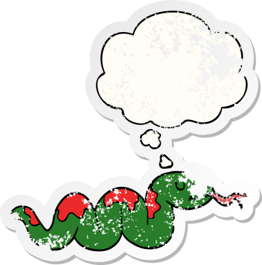 Düşünce baloncuğu olan çizgi film yılanı, insan tarafından çizilmiş, yıpranmış bir çıkartma gibi.