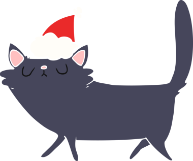 Bir insan tarafından çizilmiş Noel Baba şapkası takan siyah bir kedinin düz renkli çizimi.