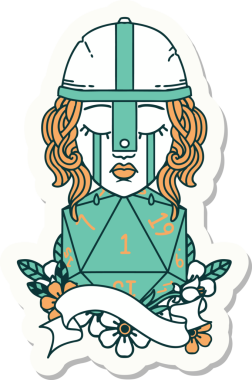 Ağlayan bir insan dövüşçüsünün çıkartması. Bir insan tarafından çizilmiş doğal bir D20 rulosu.