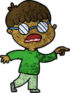 Bir insan tarafından çizilmiş gözlük takan çizgi film çocuğu.