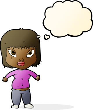 Düşünce baloncuğu bir insan tarafından çizilmiş kilolu kadın çizgi filmi.