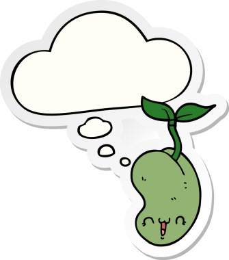 Düşünce baloncuğuyla filizlenen tatlı çizgi film tohumu insan tarafından çizilmiş bir çıkartma gibi.