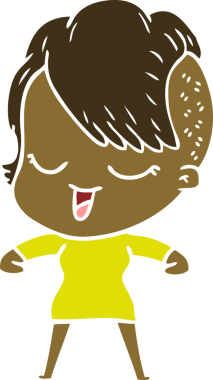 Bir insan tarafından çizilmiş mutlu düz renkli çizgi film kızı.