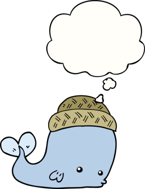 Bir insan tarafından çizilmiş düşünce baloncuğu şapkalı çizgi film balinası