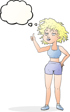 Bir insan tarafından çizilmiş serbest çizim balon karikatür yorgun spor salonu kadını