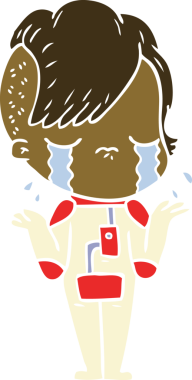 Bir insan tarafından çizilmiş uzay giysileri giyen düz renkli çizgi film ağlayan kız.