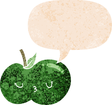 bir insan tarafından çizilmiş grunge sıkıntılı retro biçimli konuşma baloncuklu tatlı elma çizgi film