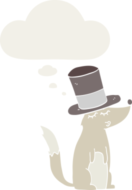 Bir insan tarafından çizilmiş, düşünce baloncuğu olan silindir şapkalı bir kurt ıslığı.