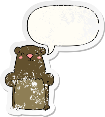 Konuşma baloncuğu olan çizgi film ayısı bir insan tarafından çizilmiş sıkıntılı eski bir çıkartma