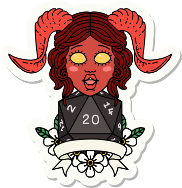 Bir insan tarafından çizilmiş doğal yirmi zarla yapıştırılmış bir etiket.