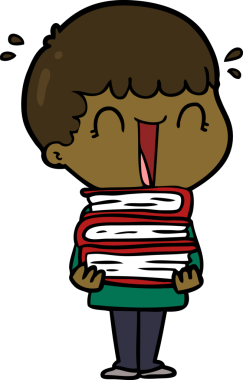 Gülen çizgi film adamı elinde bir insan tarafından çizilmiş bir yığın kitap tutuyor.