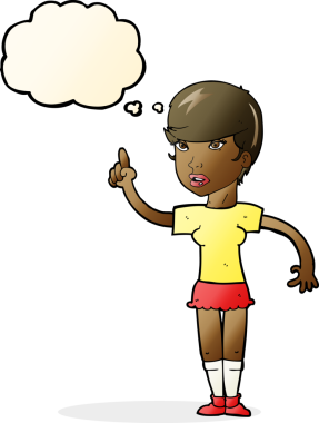 Bir insan tarafından çizilmiş düşünce baloncuğu fikri olan karikatür kadın.