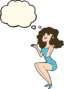 Bir insan tarafından çizilmiş düşünce baloncuğuyla oturan çekici bir kadın.