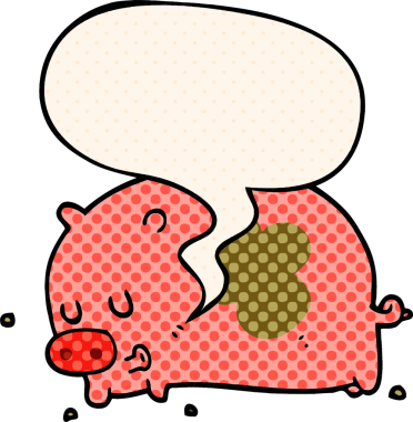 Bir insan tarafından çizilmiş çizgi roman tarzında konuşma balonu olan şirin bir domuz.