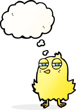 Bir insan tarafından çizilmiş düşünce baloncuklu komik çizgi film kuşu.