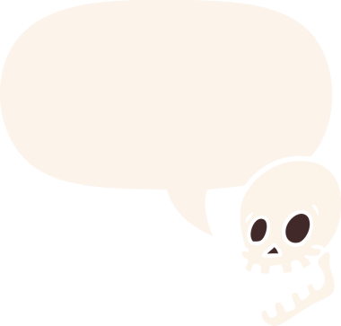 Gülen kafatası karikatürü. Konuşma baloncuğu insan tarafından çizilmiş.