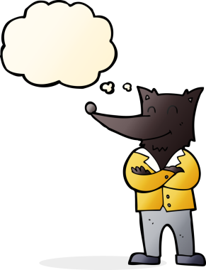 Düşünce baloncuğu olan tişörtlü bir kurt insan tarafından çizilmiş.