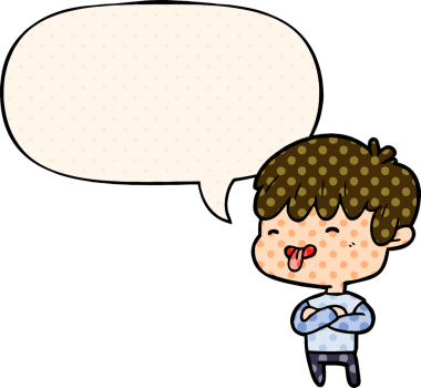 Çizgi romancı çocuk, bir insan tarafından çizilmiş çizgi roman tarzında konuşma balonuyla dilini dışarı çıkarıyor.