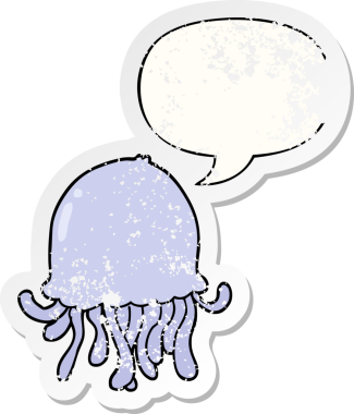 Konuşma baloncuklu çizgi film denizanası bir insan tarafından çizilmiş sıkıntılı eski bir çıkartma